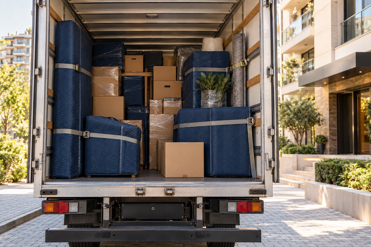 Nakliyat aracında paketlenmiş eşyaların düzenli yerleşimi tanıtım görseli